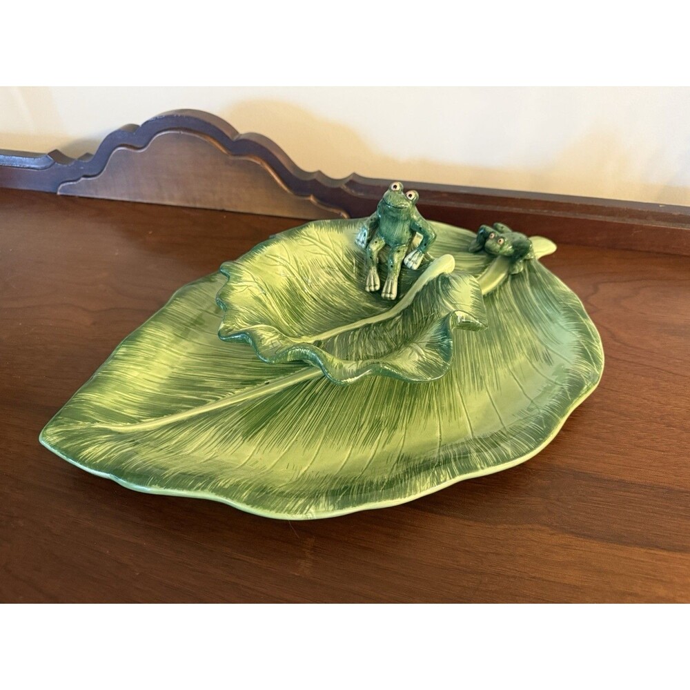 Vintage Lotus Lilly Pad Frog Serving Platter Tray and Dip Bowl Green Frogs